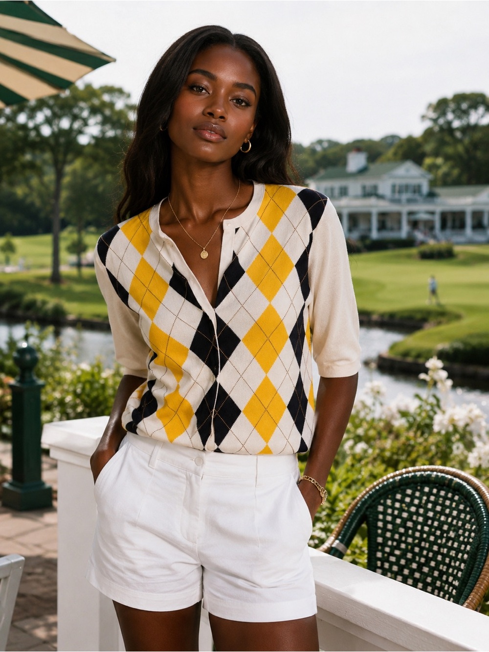 J. Crew Argyle Cardigan Yellow Navy White 3/4 Sleeve SZ L Preppy